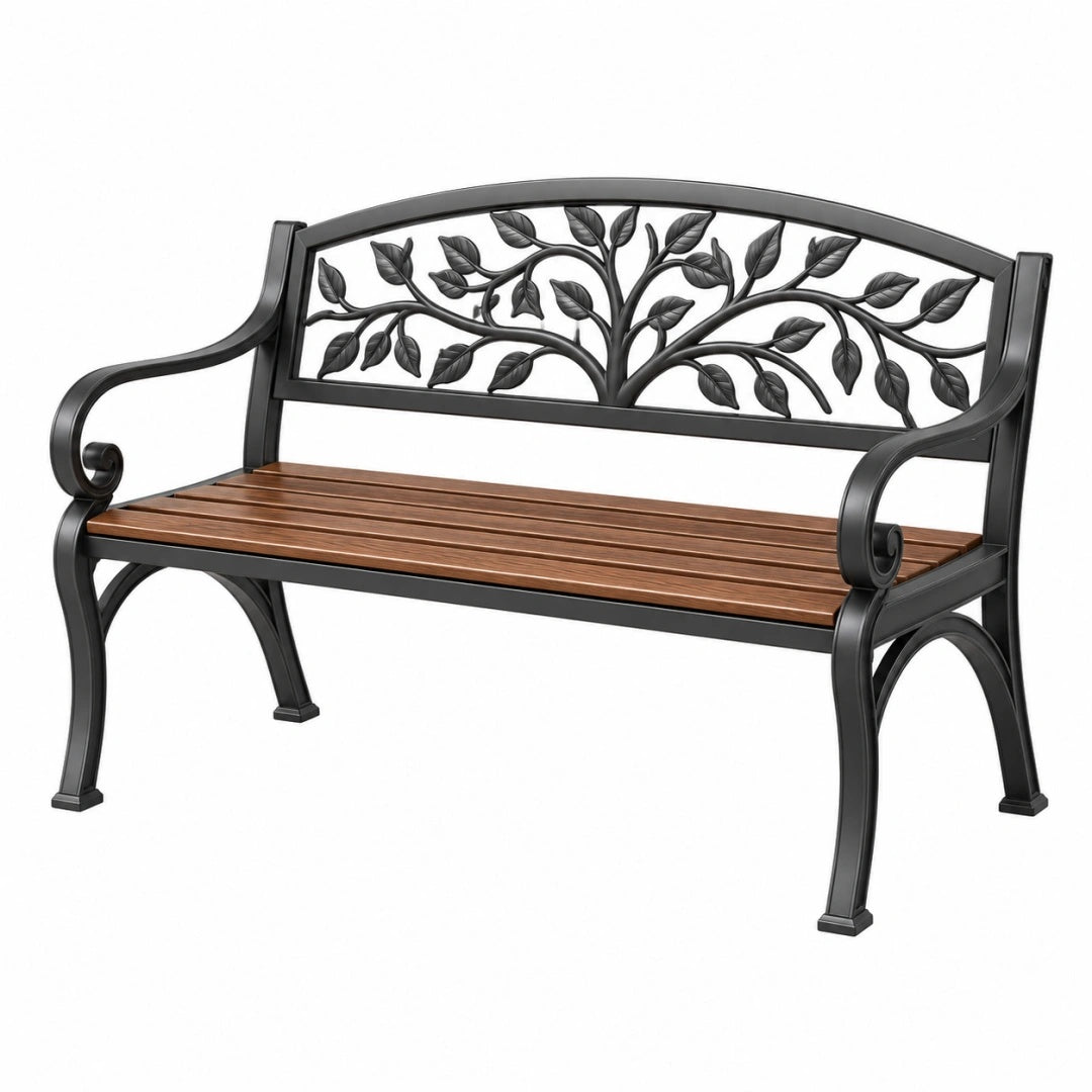 Gartenbank 125 x 60 x 90 cm aus Metall und Holz in Schwarz Braun mit Blattmotiv