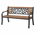 Gartenbank 122 cm aus Metall und Holz Braun Schwarz mit Blattmotiv