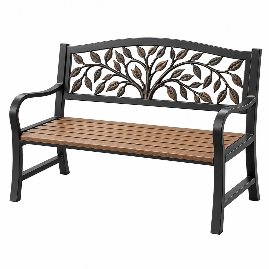Gartenbank 120 cm Metall Holz Braun Schwarz mit Blättermotiv für Terrasse und Balkon
