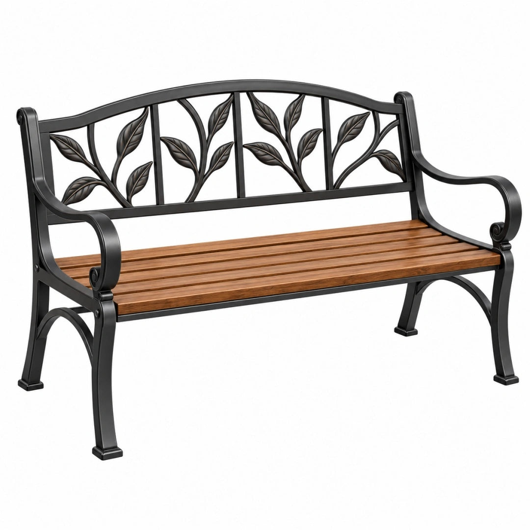 Gartenbank 125 x 60 x 90 cm aus Metall und Holz in Schwarz Braun mit Blattdekor