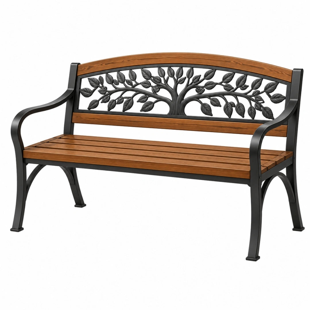 Gartenbank 120 x 60 x 85 cm Holz Metall Braun Schwarz mit Armlehnen Baumdekor