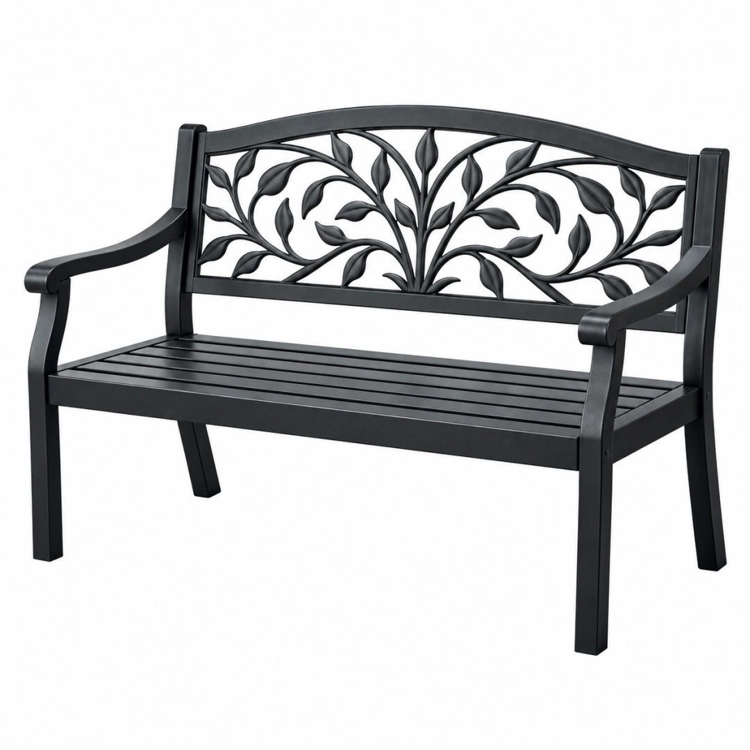 Gartenbank 122 cm aus schwarzem Metall mit Blattdekor