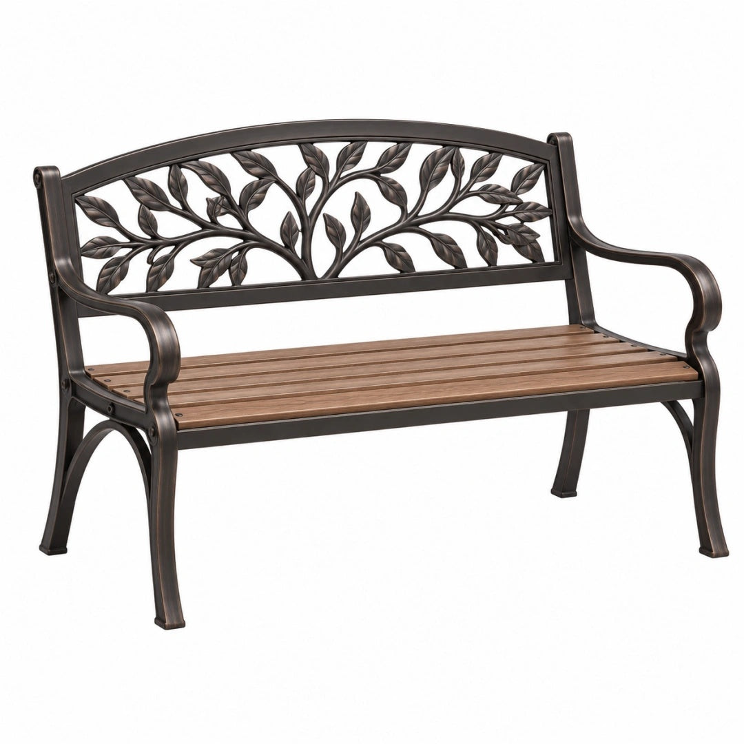 Gartenbank 122 cm aus Metall Braun mit Blattmotiv für Terrasse und Garten
