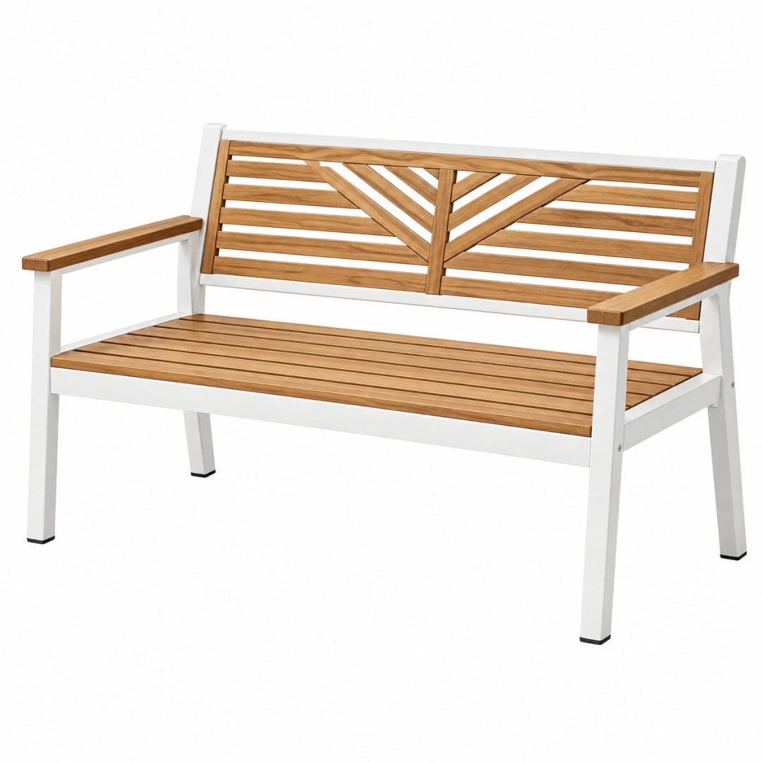 Gartensitzbank 120 cm Holz Metall Weiß Natur mit Armlehnen