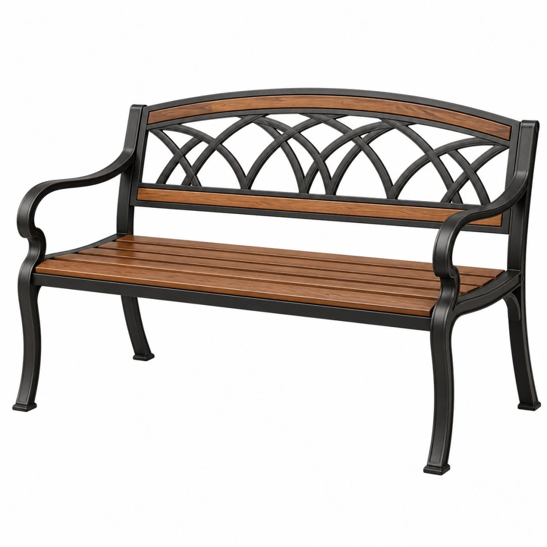 Gartenbank 122 x 61 x 88 cm aus Metall und Holz in Schwarz Braun mit ornamentaler Rückenlehne
