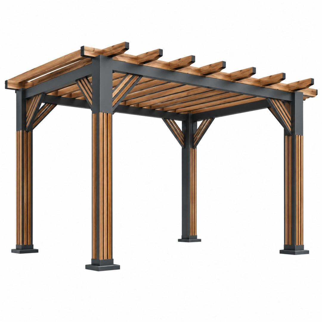 Gartenpergola 300 x 300 x 240 cm aus Holz und Metall in Braun Schwarz mit offenem Lamellendach
