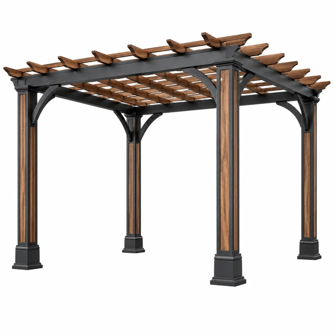 Pergola 300 x 300 x 240 cm aus Stahl und Holz in Schwarz/Braun für Garten mit offenem Lattenrost