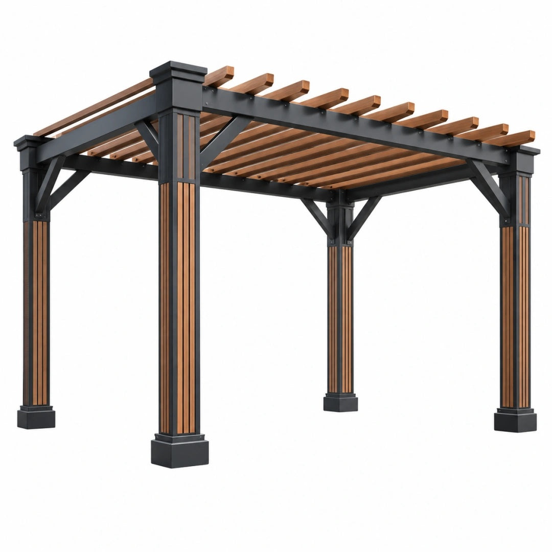 Pergola 300 x 300 x 240 cm aus Metall und Holz Schwarz Braun für Terrasse mit offenem Lattendach