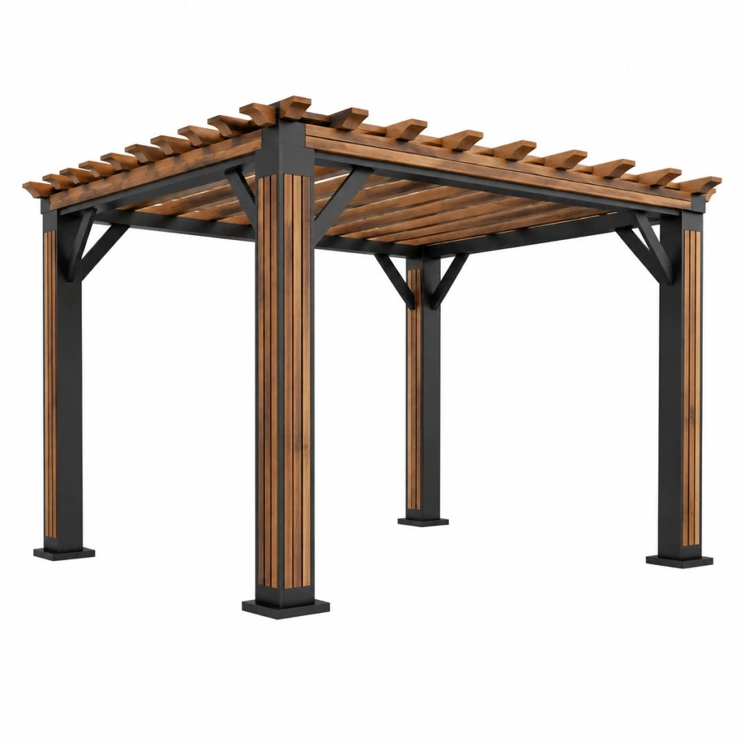 Pergola 300 x 300 x 240 cm aus Metall und Holz Braun/Schwarz für Garten mit offenem Lamellendach
