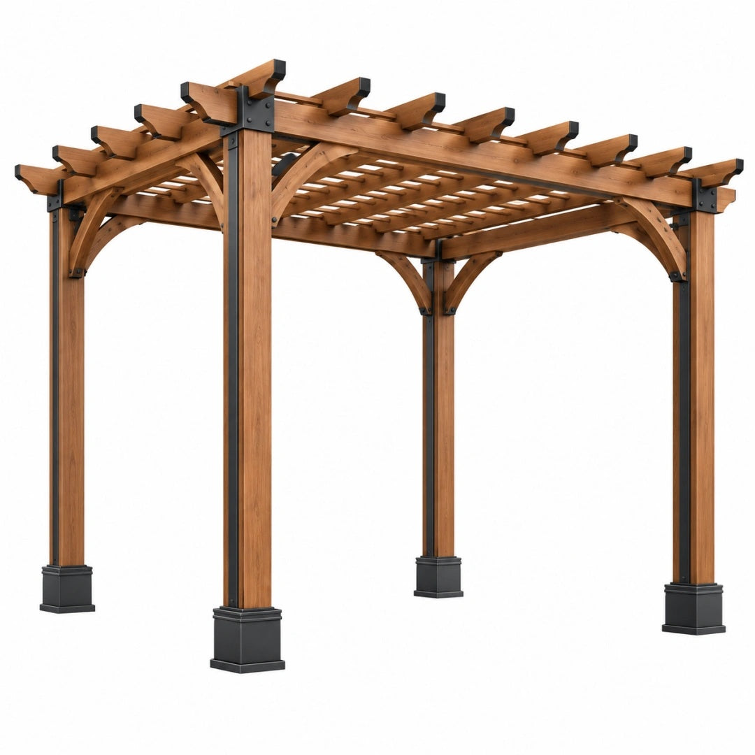 Gartenpergola 360 x 360 x 260 cm aus Holz in Braun mit Metallbeschlägen
