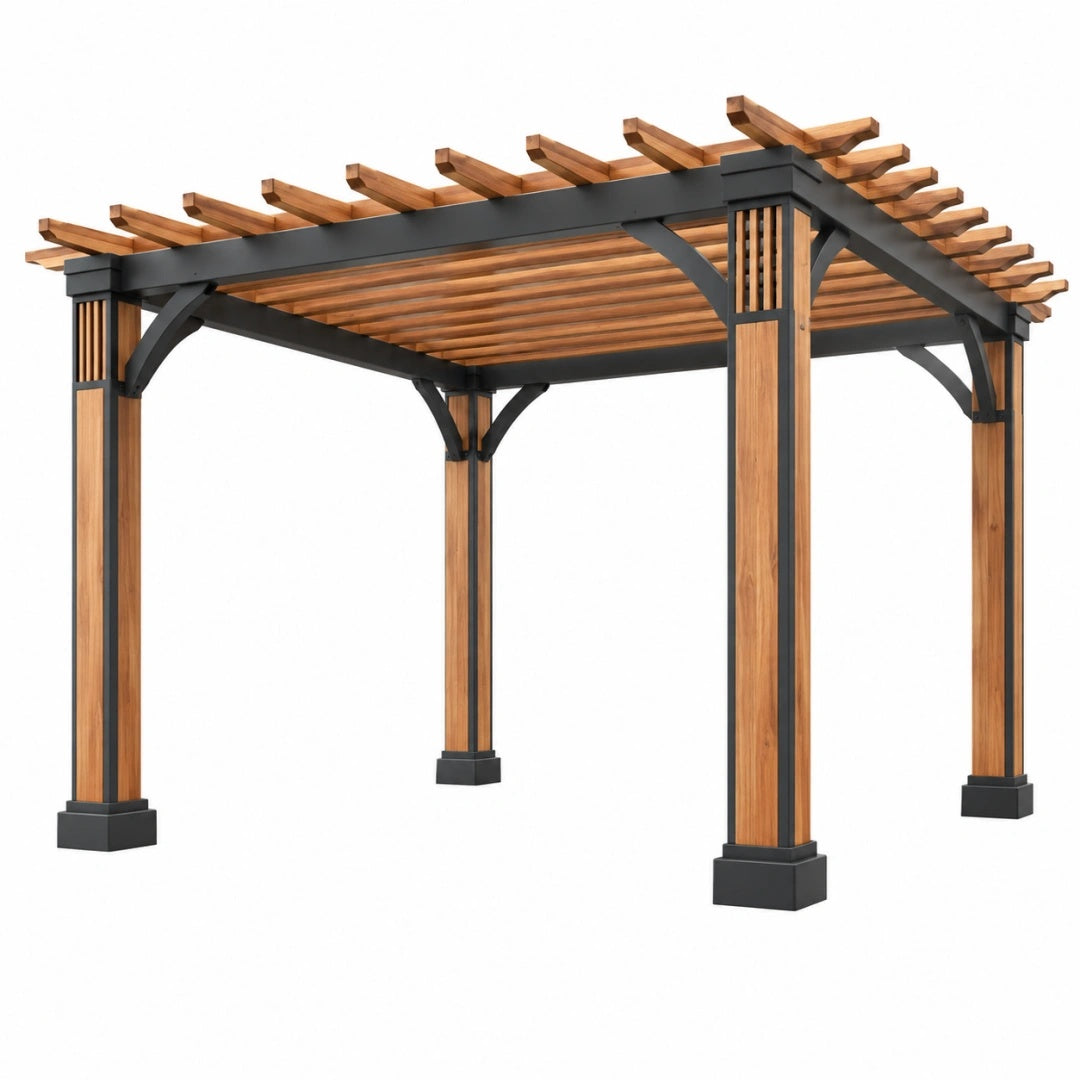 Pergola 300 x 300 x 250 cm Holz und Stahl Braun Schwarz mit Lattendach für Garten