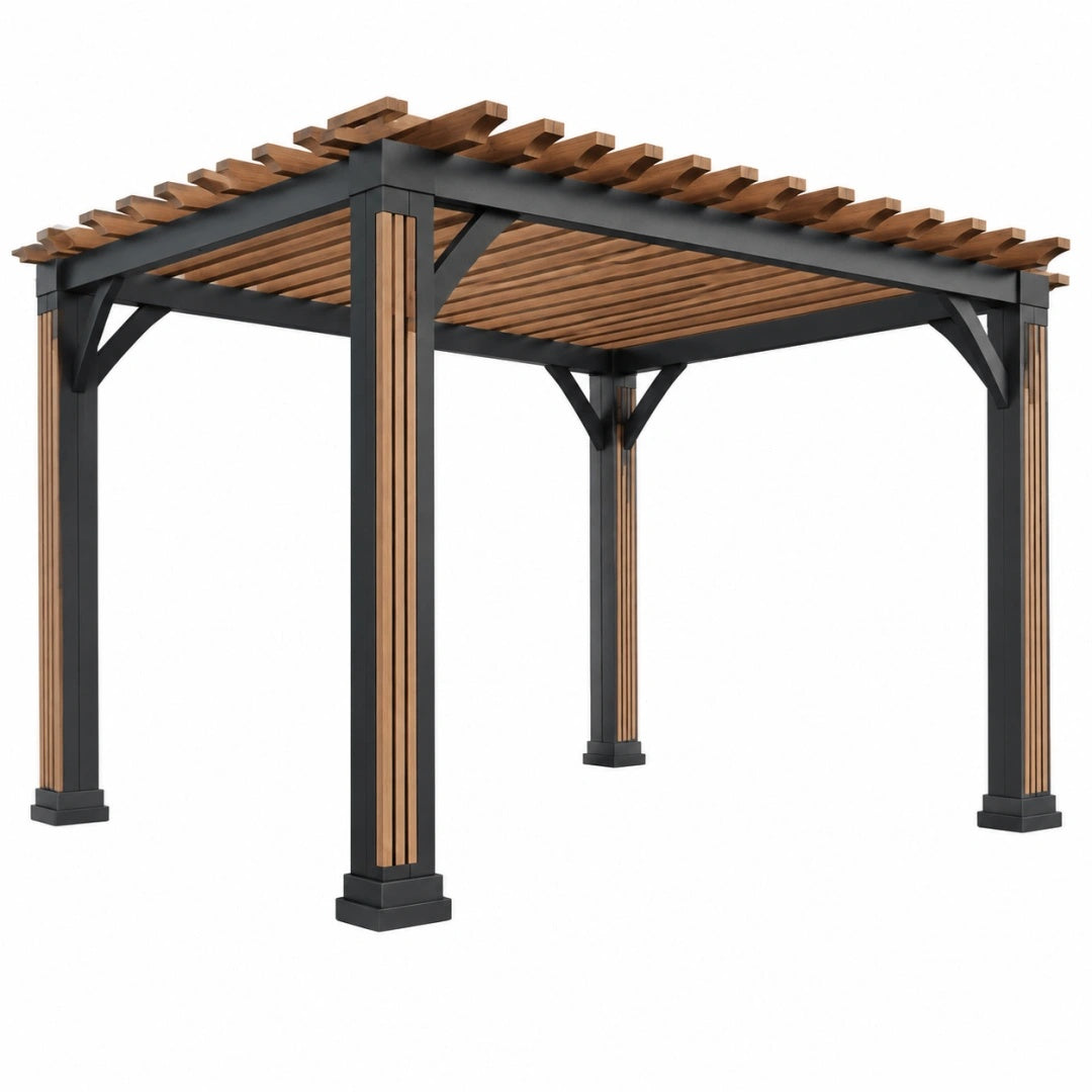 Pergola 300 x 300 x 250 cm aus Stahl und Holz in Schwarz/Braun mit Lamellendach für den Garten