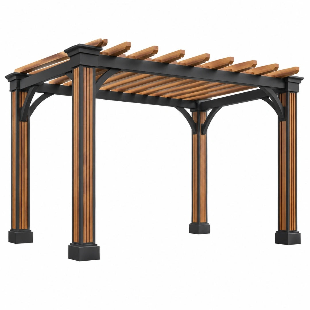 Pergola 300 x 300 x 240 cm aus Holz und Metall in Schwarz Naturbraun mit Lamellendach