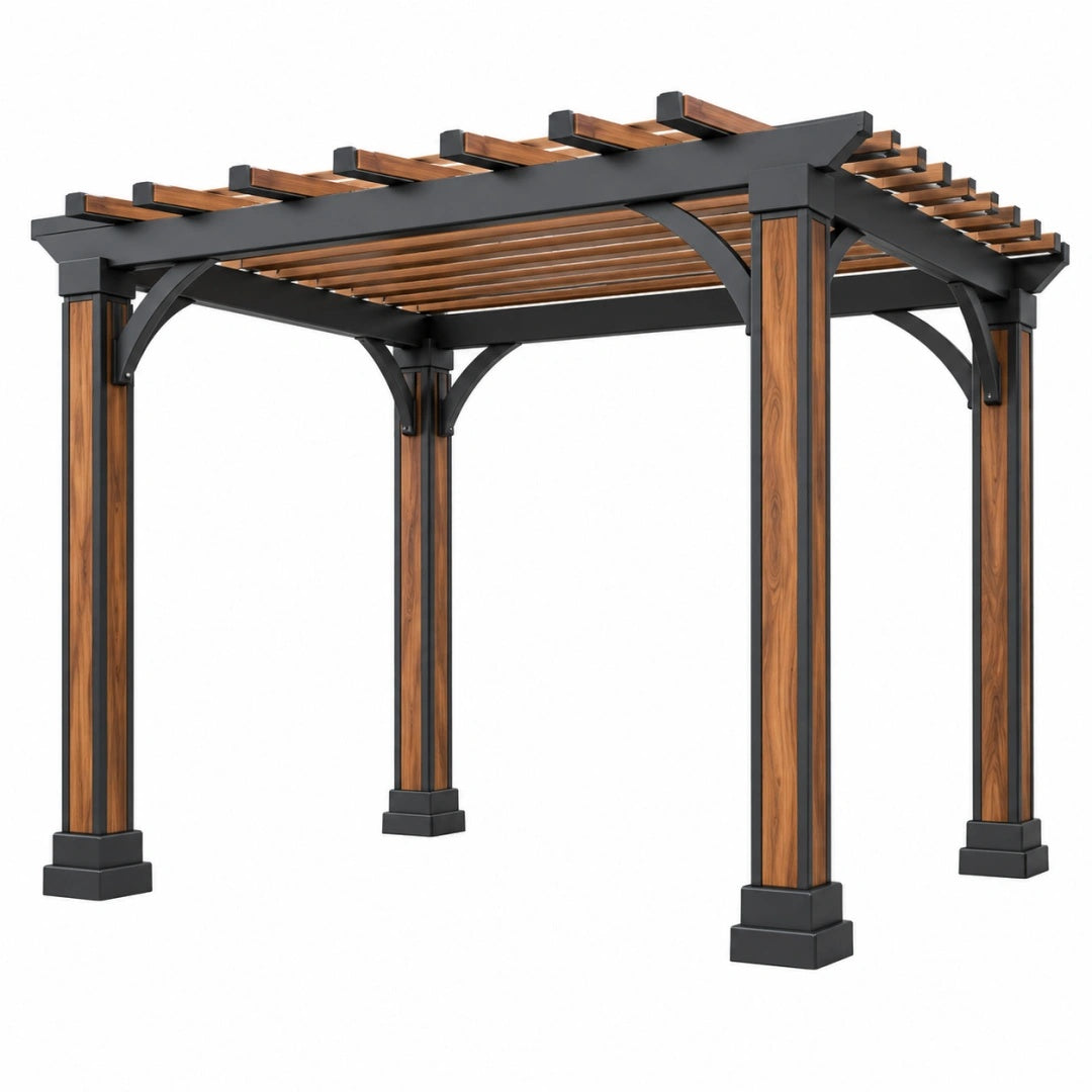 Gartenpergola 300 x 300 x 250 cm aus Metall Schwarz/Braun mit offenem Lattendach
