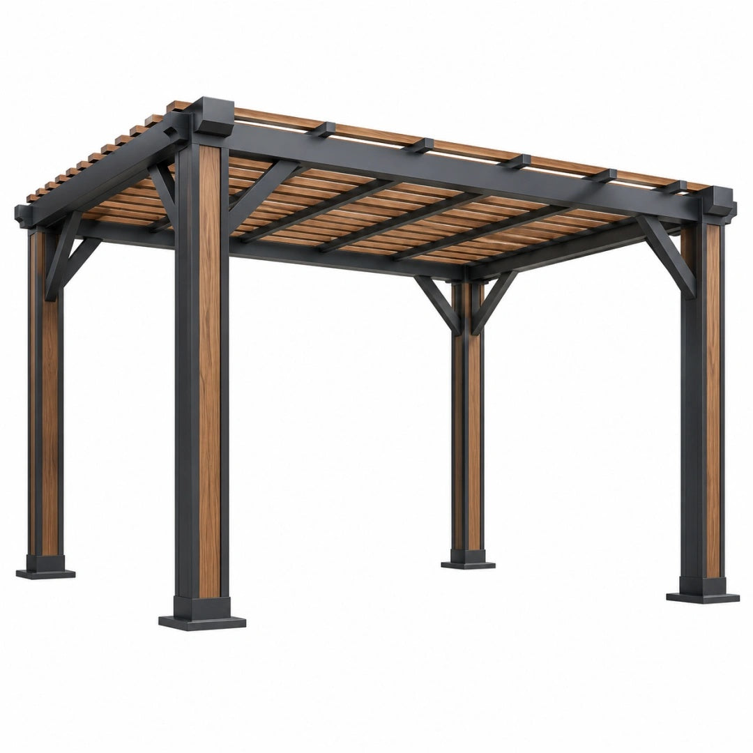 Pergola 300 x 300 x 240 cm aus Stahl und Holz Schwarz Braun für Garten mit offenem Lattendach
