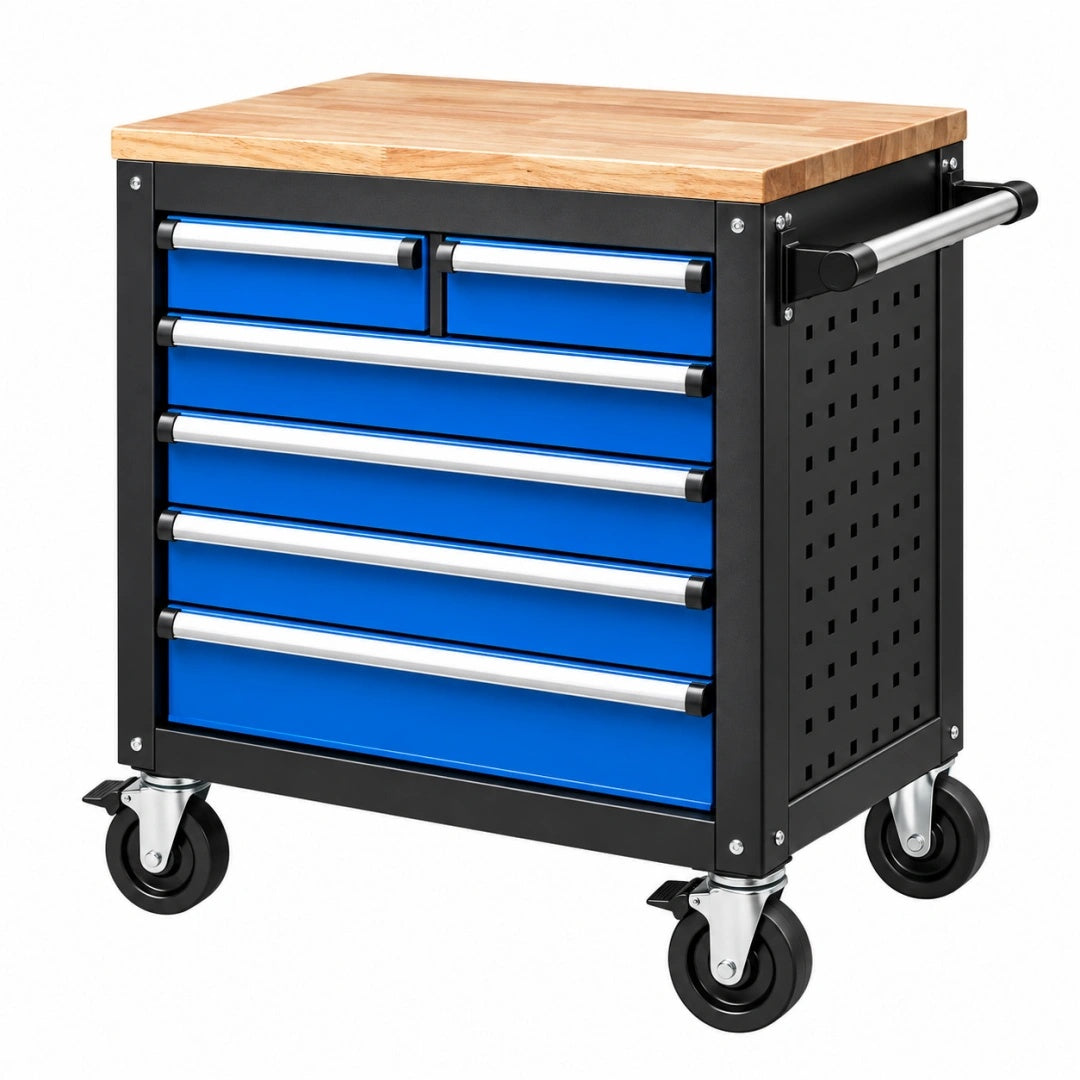 Werkstattwagen 68 x 46 x 86 cm Stahl Holz Blau Schwarz mit 6 Schubladen und Rollen