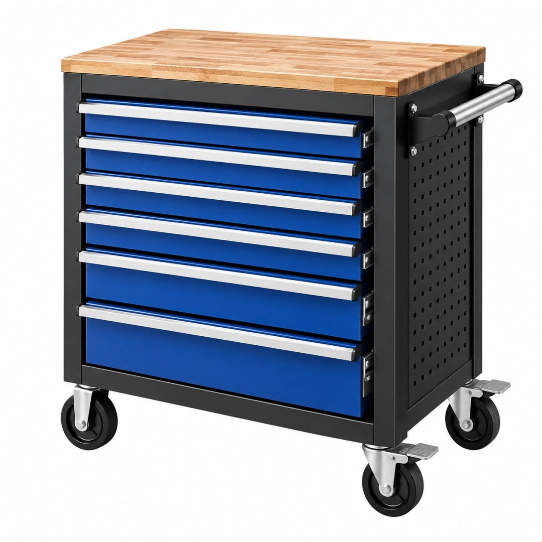 Werkstattwagen 77 cm x 46 cm x 97 cm Stahl Holz Blau Schwarz mit 7 Schubladen und Rollen
