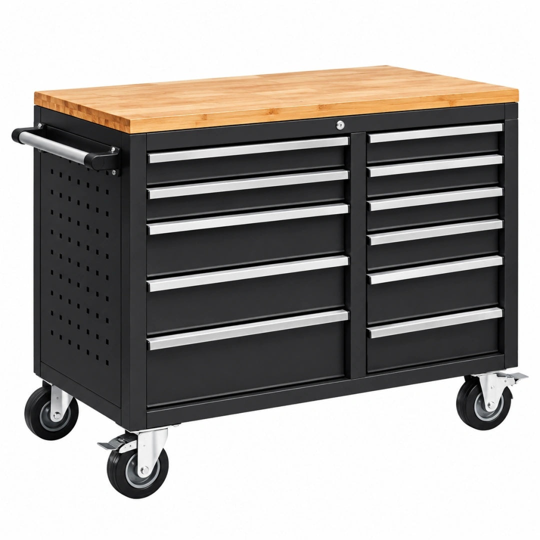 Werkstattwagen 120 x 60 x 95 cm Stahl Holz Schwarz fahrbar mit 11 Schubladen