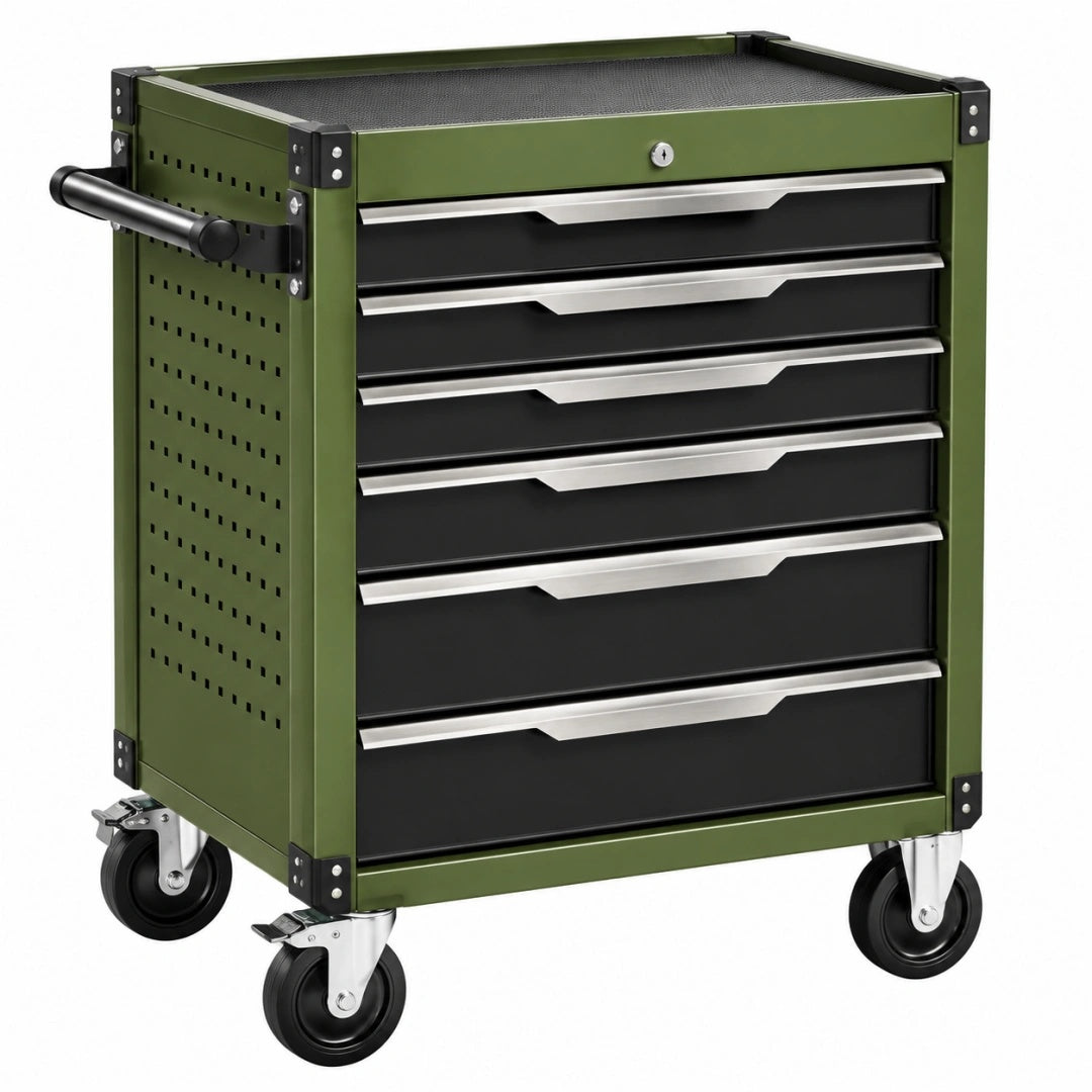 Werkzeugwagen 78 x 46 x 96 cm aus Stahl Olivgrün Schwarz mit 6 Schubladen und Rollen