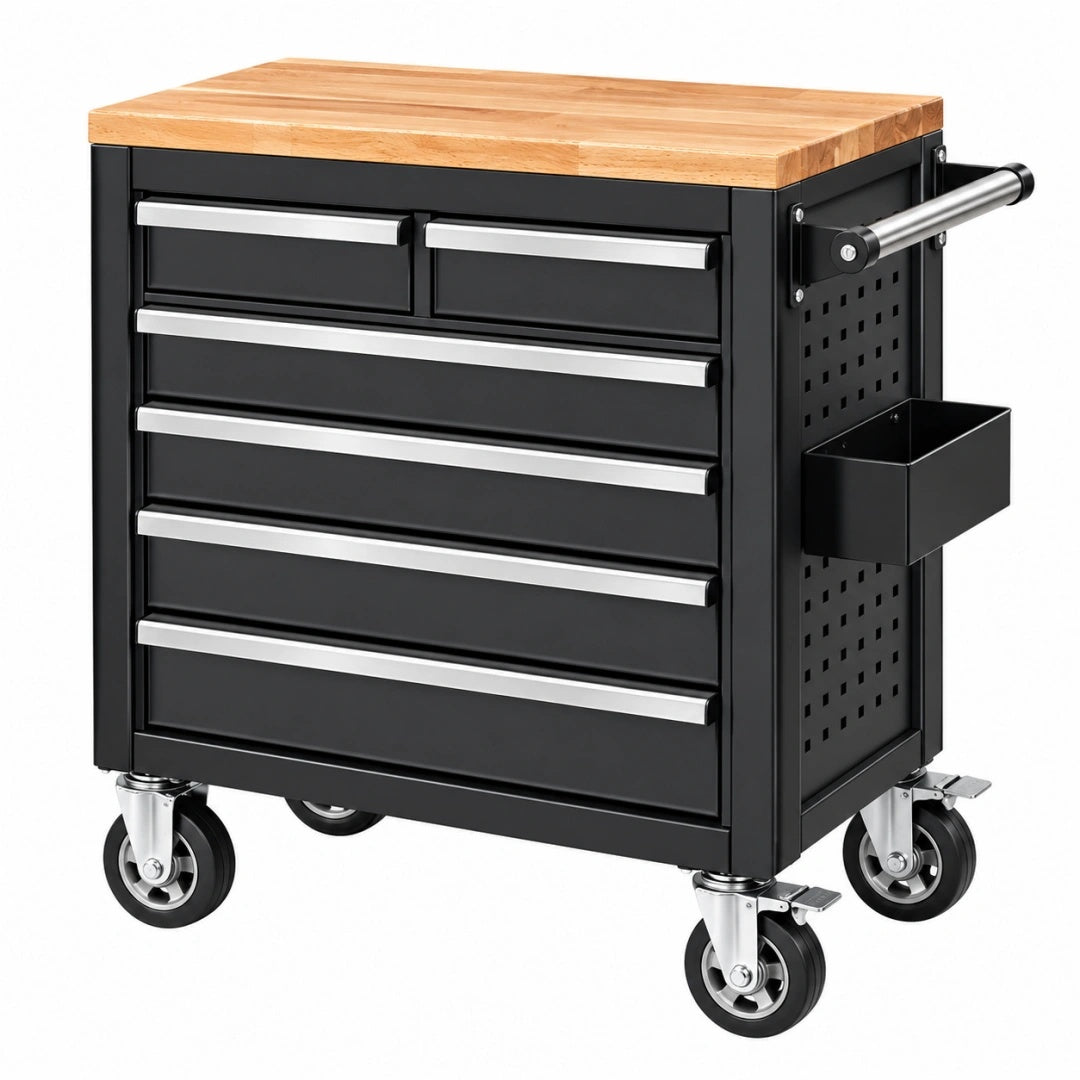 Werkstattwagen 85 x 46 x 96 cm aus Stahl und Holz Schwarz mit 6 Schubladen