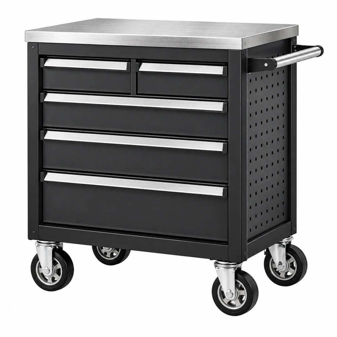 Werkstattwagen 78 x 46 x 97 cm aus Stahl schwarz silber mit fünf Schubladen und Rollen