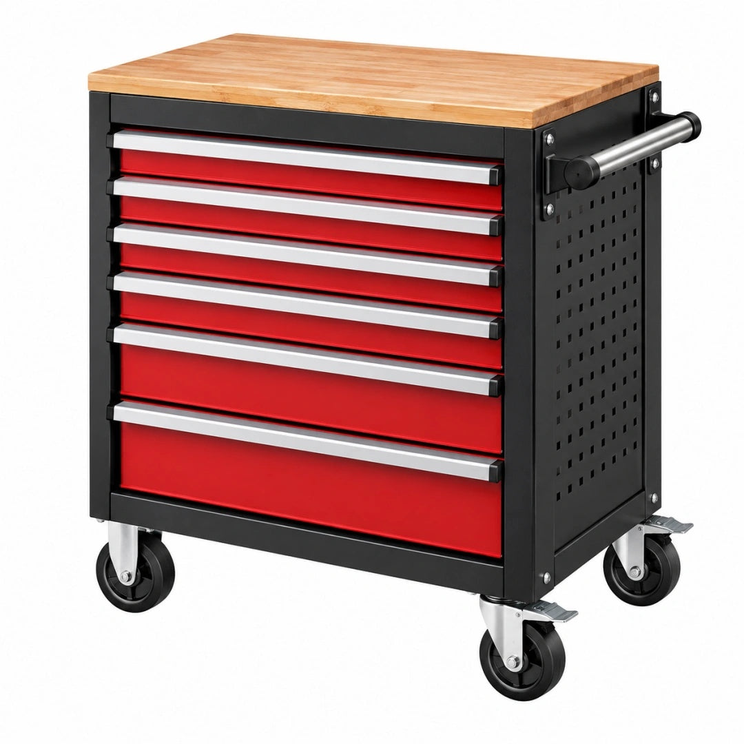Werkstattwagen 77 x 46 x 95 cm Stahl Rot Schwarz mit Holzarbeitsplatte und 7 Schubladen