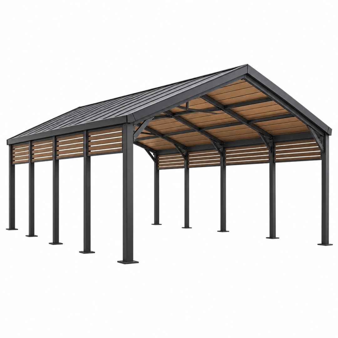 Carport 600 x 300 x 270 cm aus Stahl in Schwarz Braun mit Satteldach für Außenbereiche