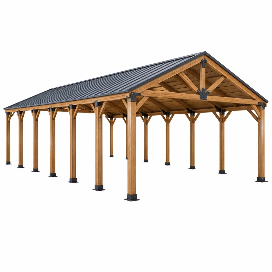 Carport 600 x 400 x 300 cm aus Holz mit Metall-Dach in Naturbraun/Schwarz