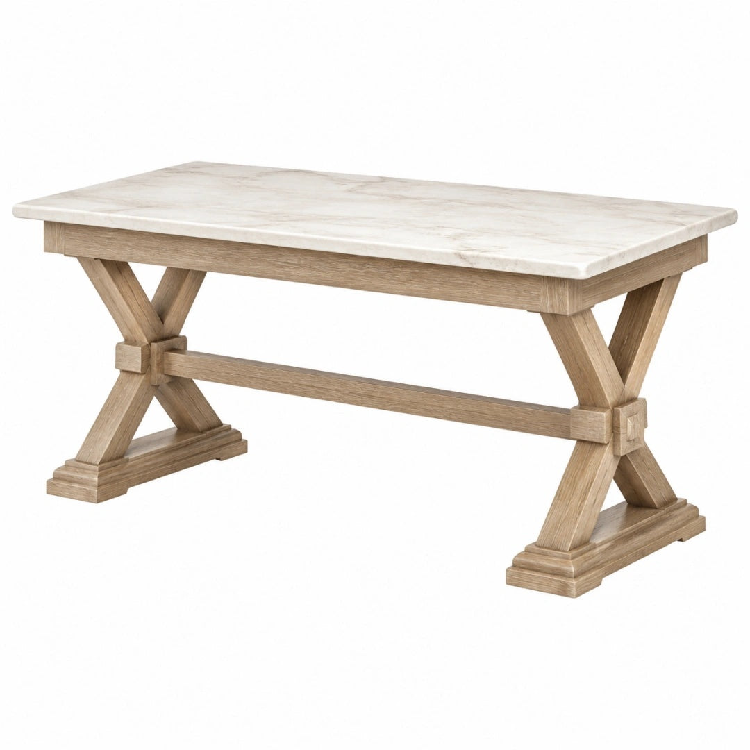Rechteckiger Esstisch 140 x 70 cm Holz Natur mit Tischplatte in Marmoroptik im Landhausstil